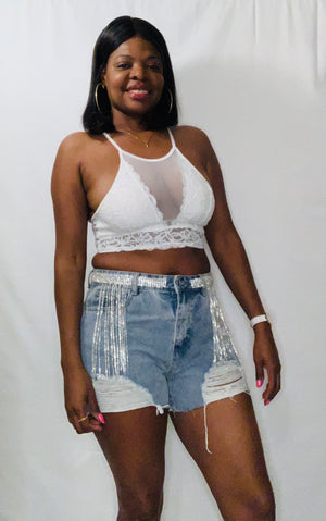 Rhinestone Denim Shorts - Tamaracloset