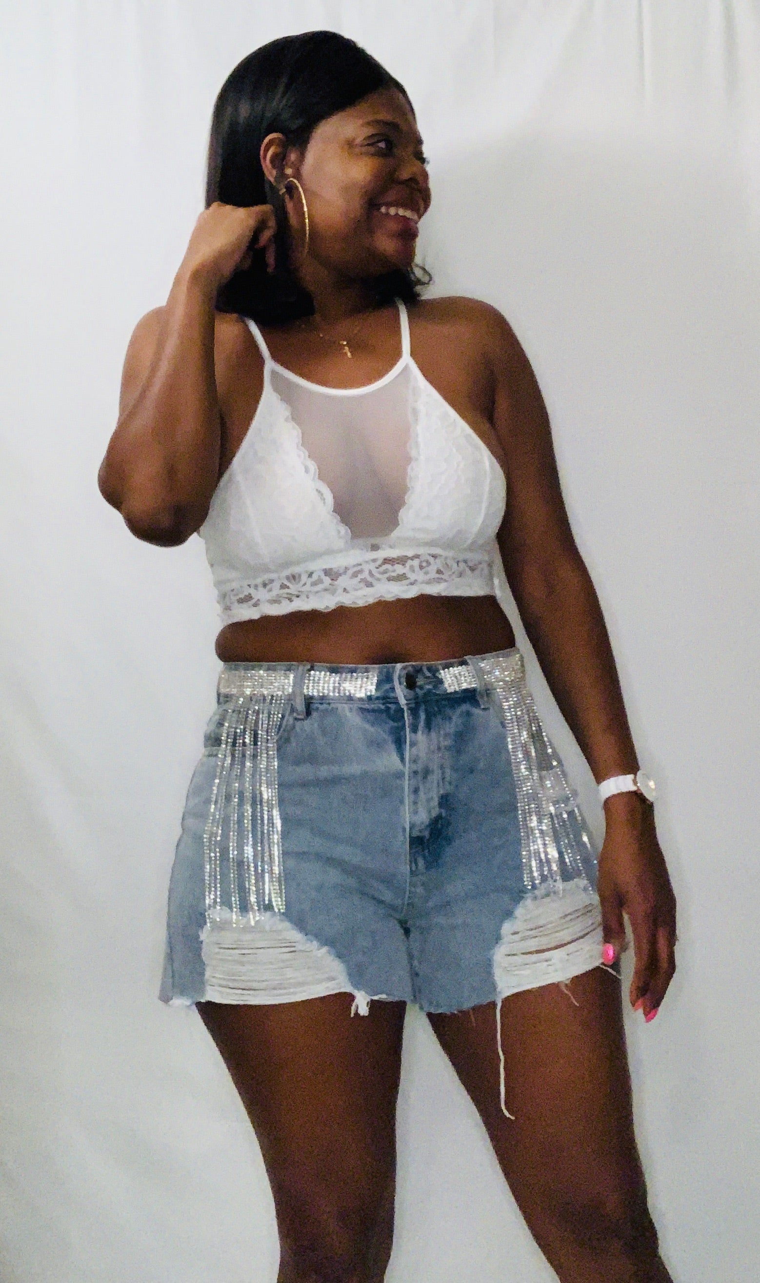 Rhinestone Denim Shorts - Tamaracloset