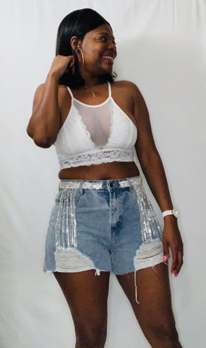 Rhinestone Denim Shorts - Tamaracloset